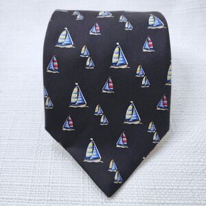 Patrick Reed Rodes 100% Silk Sailboat Nautical Regatta Black Necktie Tie